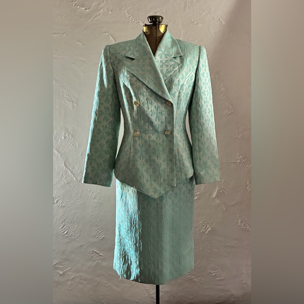 Vintage 80s/90s B. LOUISE Mint Green Brocade Skirt Suit Set - Picture 2 of 16